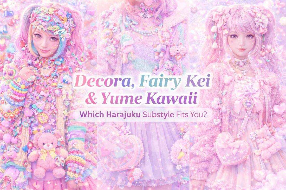 Harajuku fashion collage featuring Decora, Fairy Kei, and Yume Kawaii styles with colorful accessories, pastel outfits, bows, hearts, and dreamy kawaii street fashion under the title “Decora, Fairy Kei & Yume Kawaii – Which Harajuku Substyle Fits You?