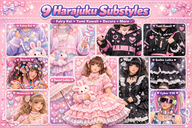 A pastel collage previewing 9 Harajuku substyles including Fairy Kei, Yami Kawaii, Decora, and Lolita.