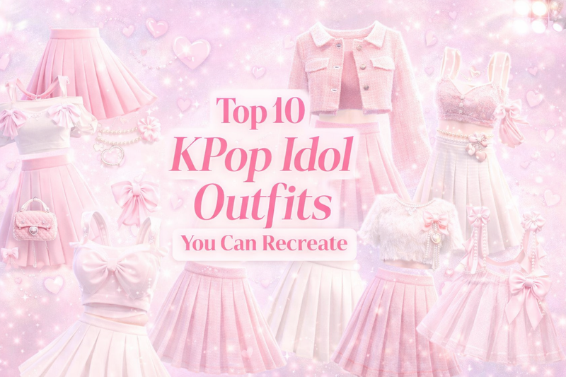 K-pop fashion collage featuring pastel pink idol outfits with pleated skirts, crop tops, bows, pearls, and sparkles surrounding the title “Top 10 KPop Idol Outfits You Can Recreate” on a dreamy pastel background.