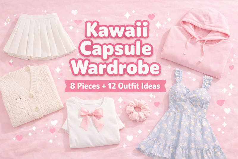 Kawaii capsule wardrobe flat-lay in Soft Girl pastels featuring a pleated skirt, pastel hoodie, cardigan, ribbon tee, and scrunchie with centered title text.