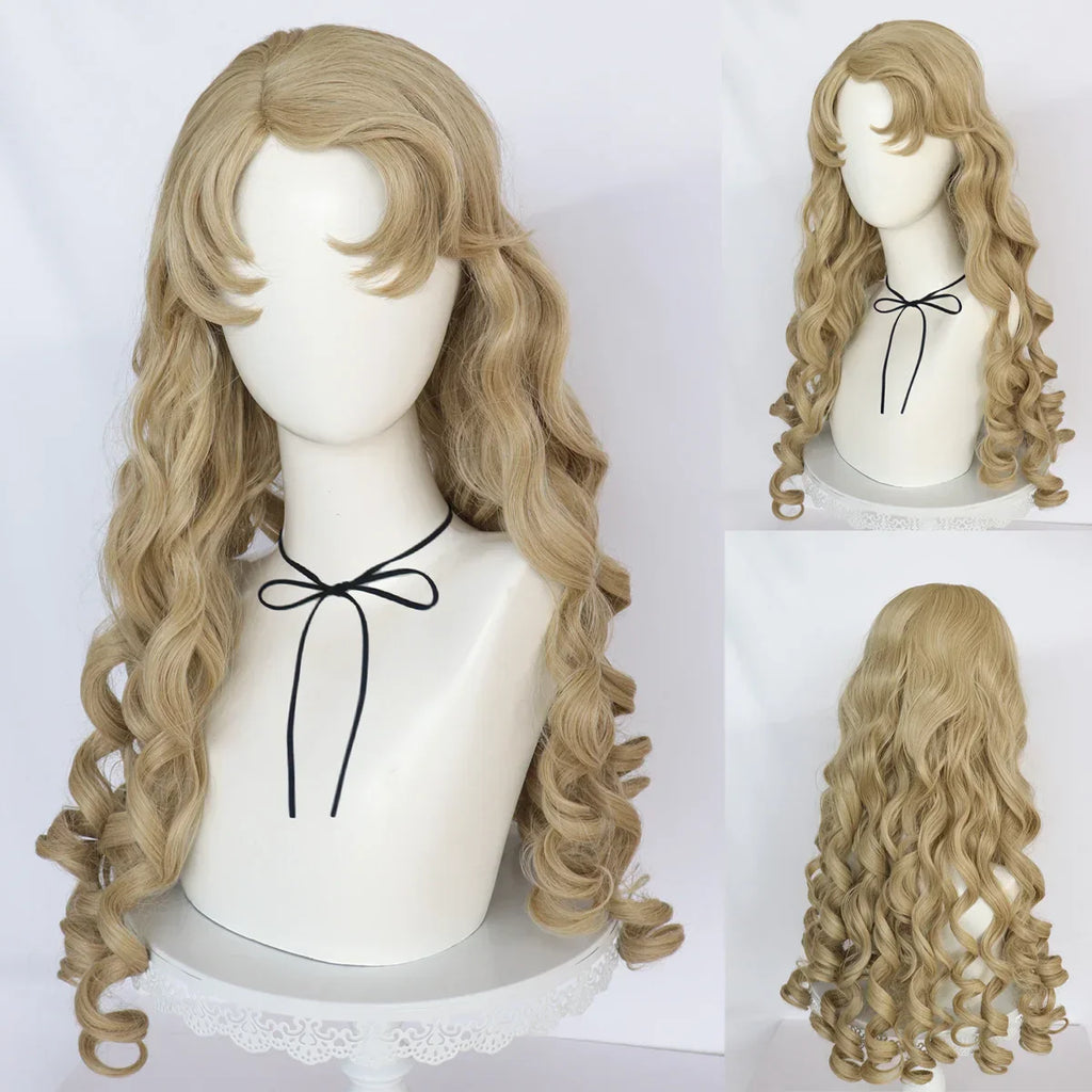 Synthetic 26inch Princess Curly Wavy Long Brown Sleeping Beauty Aurora Cosplay Wig for Halloween Christmas School
