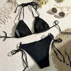 Black 3D Flower Black Triangle Bikinis Set Micro Thong Swimsuits
