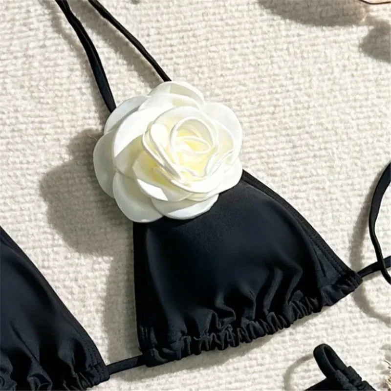 Black 3D Flower Black Triangle Bikinis Set Micro Thong Swimsuits