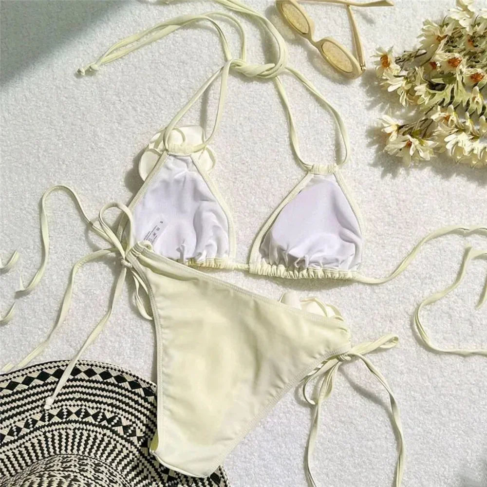 Black 3D Flower Black Triangle Bikinis Set Micro Thong Swimsuits