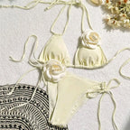 Black 3D Flower Black Triangle Bikinis Set Micro Thong Swimsuits - Beige / M