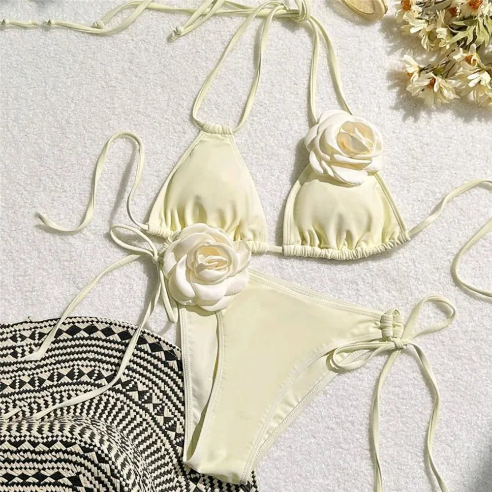 Black 3D Flower Black Triangle Bikinis Set Micro Thong Swimsuits - Beige / M