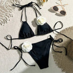 Black 3D Flower Black Triangle Bikinis Set Micro Thong Swimsuits - Black / M
