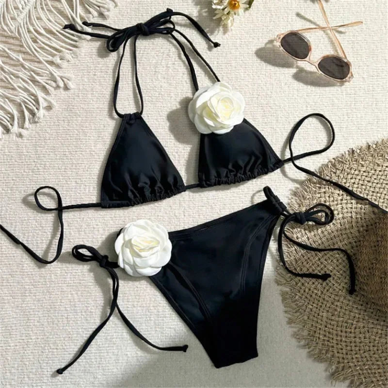 Black 3D Flower Black Triangle Bikinis Set Micro Thong Swimsuits - Black / M