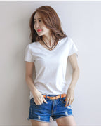 Minimalist V-Neck Cotton Tee - kawaii-inspired outfit in pastel colors - 12150506