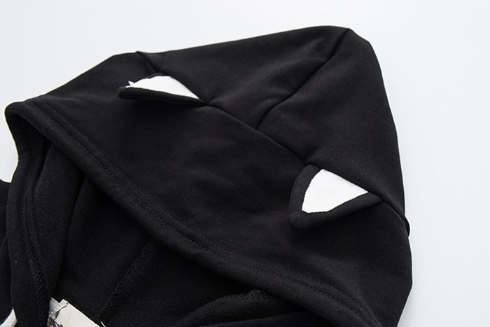 Kawaii Cat Hoodie with Fish Print & Ears