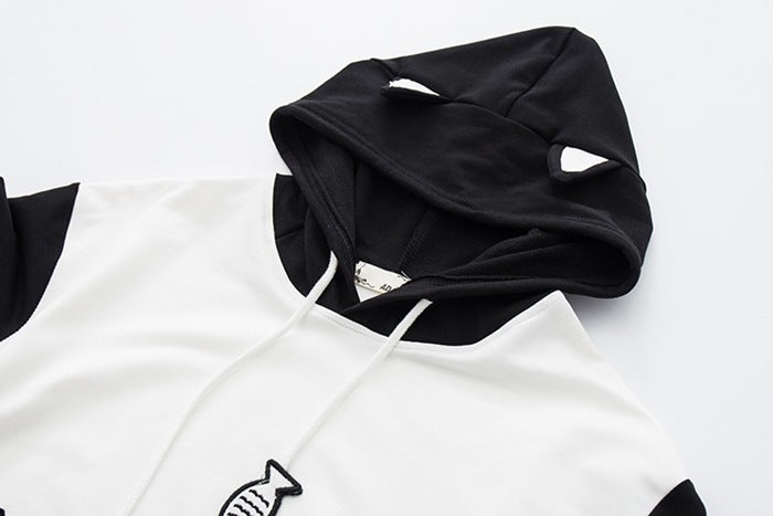 Kawaii Cat Hoodie with Fish Print & Ears