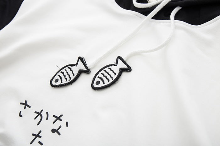 Kawaii Cat Hoodie with Fish Print & Ears