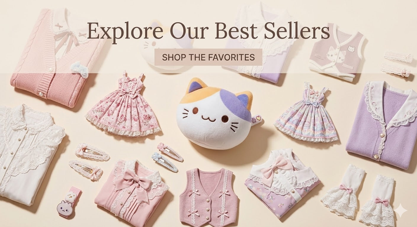 Collection of clothing and accessories with a plush toy on a light background, featuring text 'Explore Our Best Sellers'.