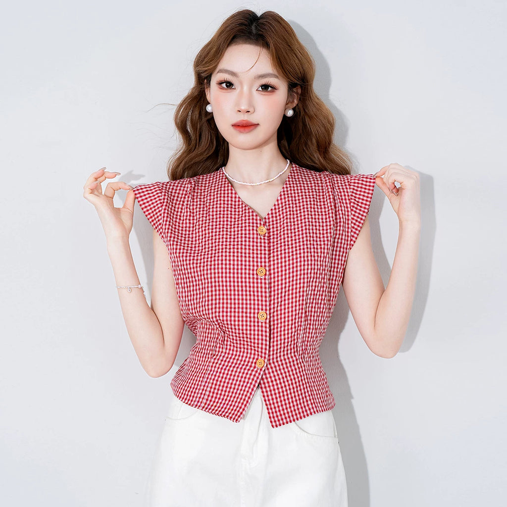 V-Neck Flying-Sleeve Gingham Blouse