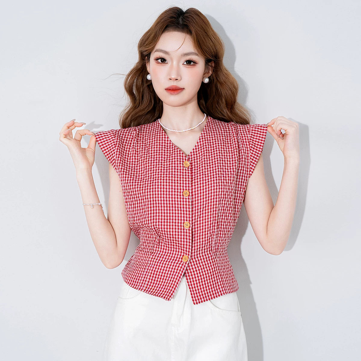 V-Neck Flying-Sleeve Gingham Blouse