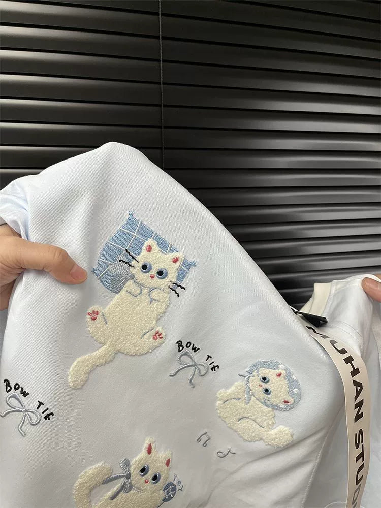 Pink Towel-Embroidered Cat Raglan Tee