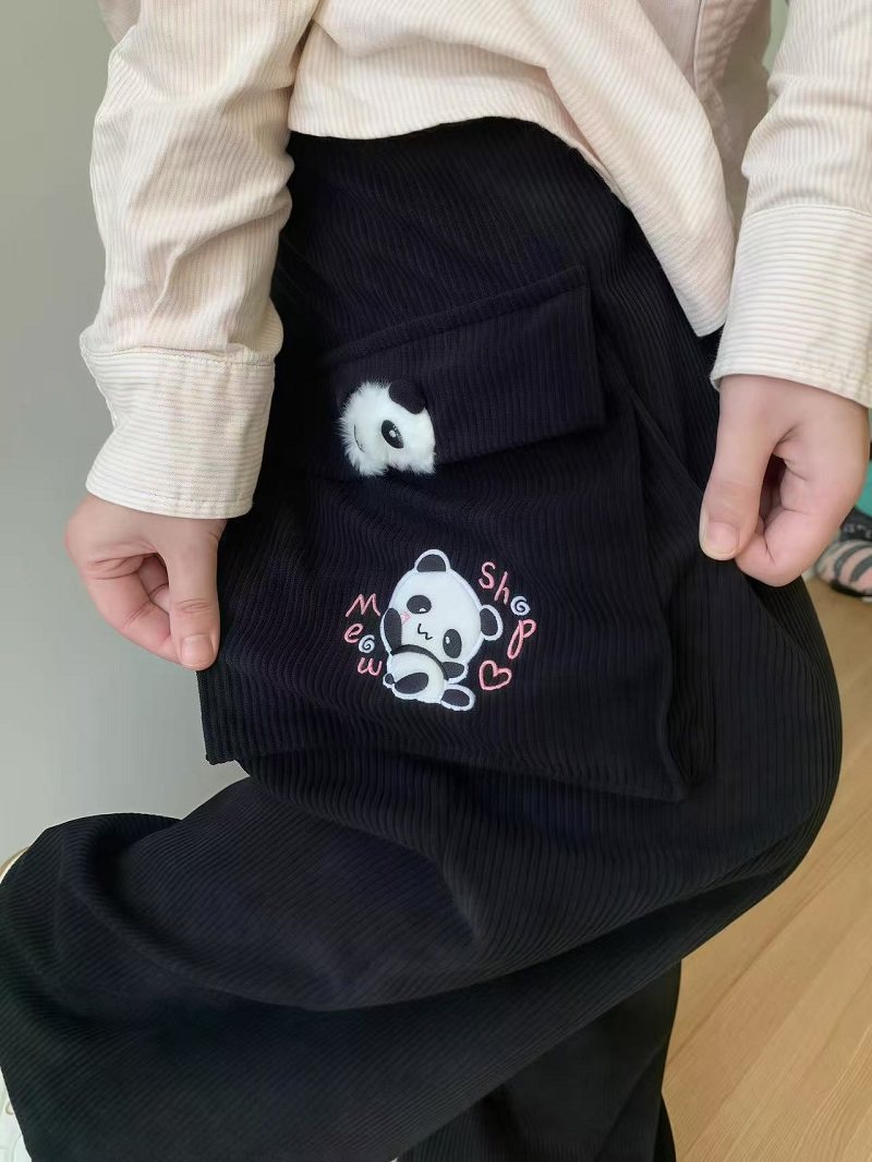 Soft Panda Embroidered Corduroy Pants