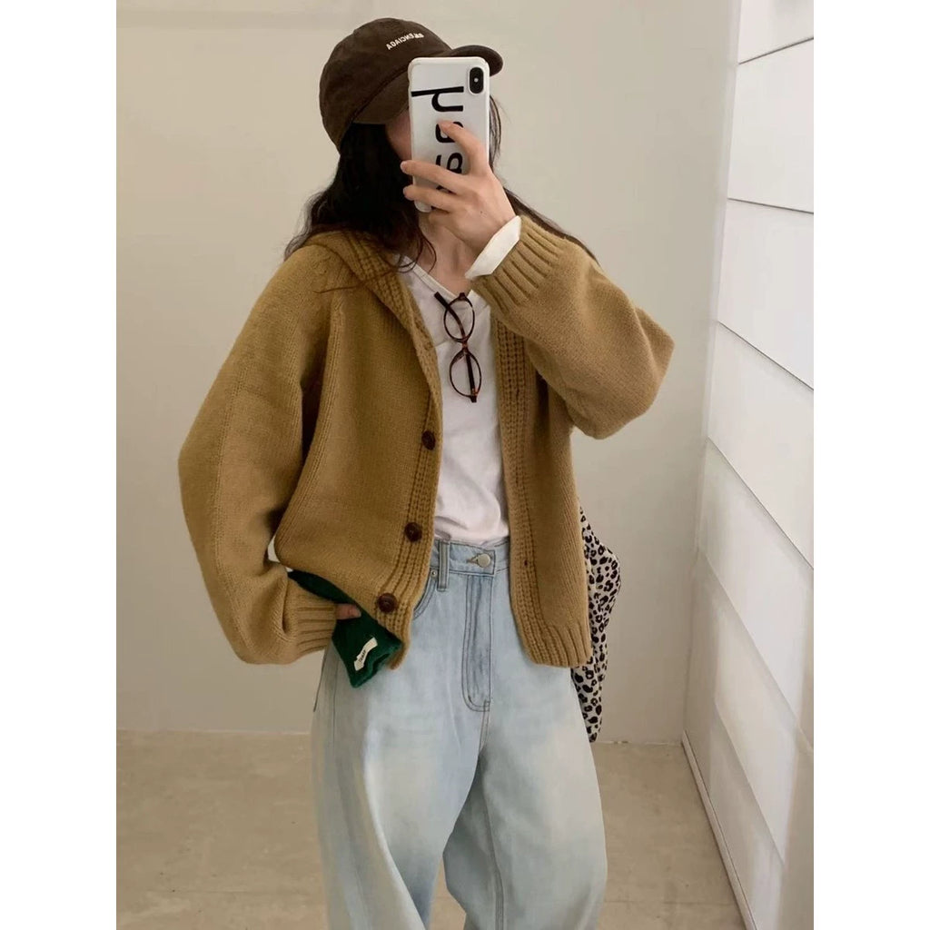 Korean Lazy-Style Hooded Knit Cardigan