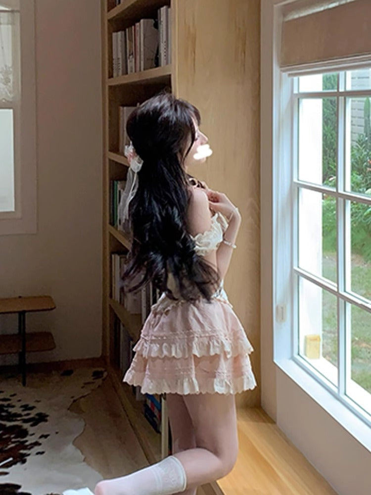 French Sweet Lace Two-Piece Skirt Set - kawaii-inspired outfit in pastel colors - 1617559