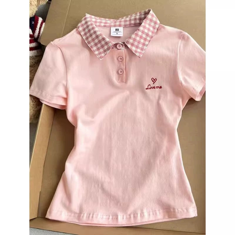 Pink Plaid-Collar Sweet Summer Polo Tee - kawaii-inspired outfit in pastel colors - 73866490