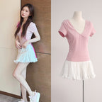Pink Knit Top & Lace Trim Skirt Set - kawaii-inspired outfit in pastel colors - 24446422