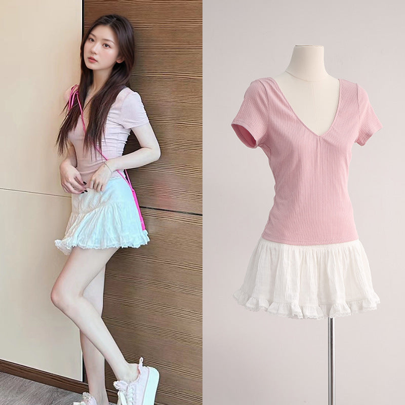 Pink Knit Top & Lace Trim Skirt Set