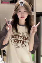 Color-Block Raglan Kitten Cute Cotton Tee - kawaii-inspired outfit in pastel colors - 50454904