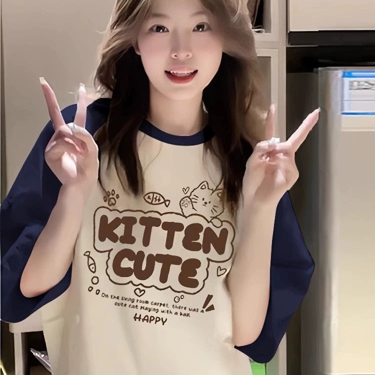 Color-Block Raglan Kitten Cute Cotton Tee