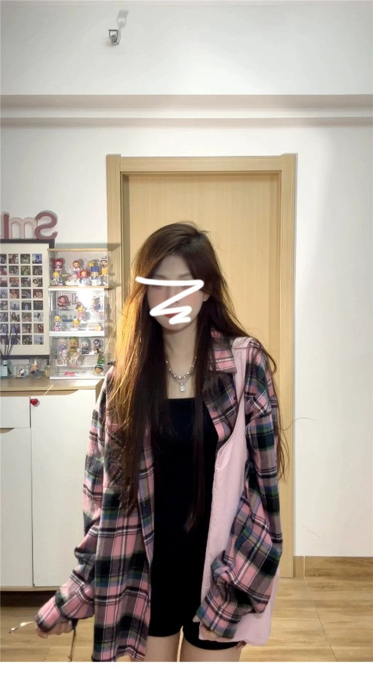 Oversize Vintage Plaid Shirt Jacket - kawaii-inspired outfit in pastel colors - 57581917