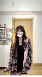 Oversize Vintage Plaid Shirt Jacket - kawaii-inspired outfit in pastel colors - 57581917