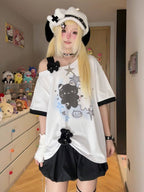 Cute Slanted Shoulder Cotton T-Shirt - kawaii-inspired outfit in pastel colors - 52376469