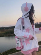 Star Patch Oversized Kawaii Hoodie - kawaii-inspired outfit in pastel colors - 43831274