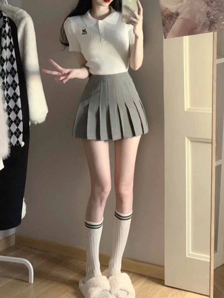 Korean College Ribbed Top & Pleated Skirt Set