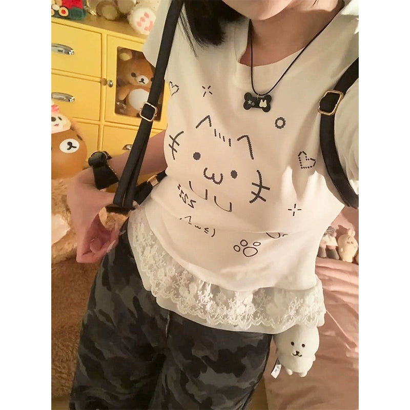 Subculture Cat-Print Lace-Hem Crop Tee