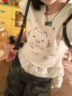 Subculture Cat-Print Lace-Hem Crop Tee - kawaii-inspired outfit in pastel colors - 76241619