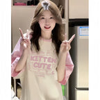 Color-Block Raglan Kitten Cute Cotton Tee - kawaii-inspired outfit in pastel colors - 47277764