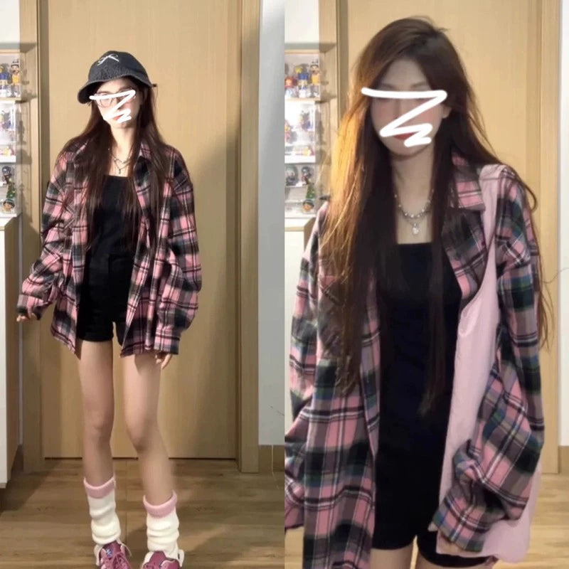 Oversize Vintage Plaid Shirt Jacket - kawaii-inspired outfit in pastel colors - 88953275