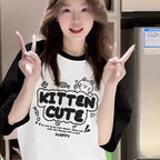 Color-Block Raglan Kitten Cute Cotton Tee - kawaii-inspired outfit in pastel colors - 83031368