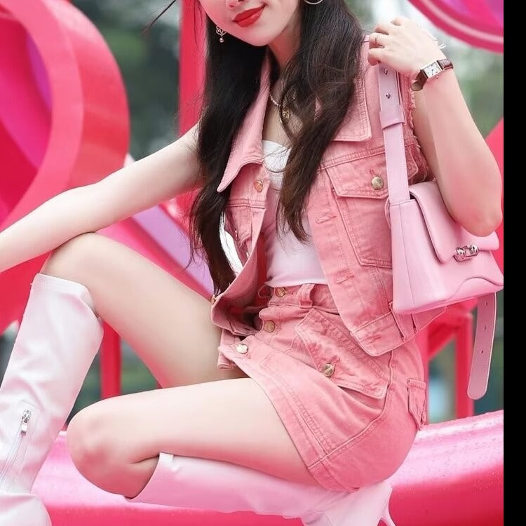 Pink Denim Vest & Skirt Two-Piece Set