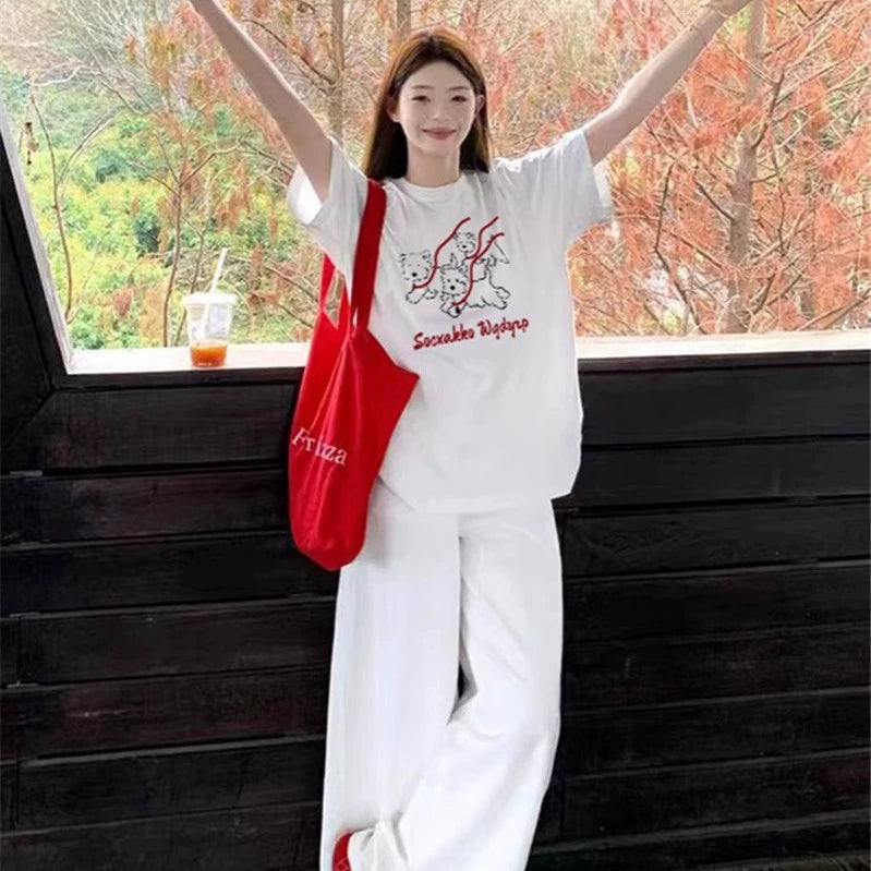 Cotton White Loose Graphic Dog T-Shirt