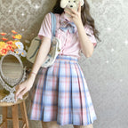 Pastel Plaid JK Skirt with Bow Tie Accent - kawaii-inspired outfit in pastel colors - 15149793