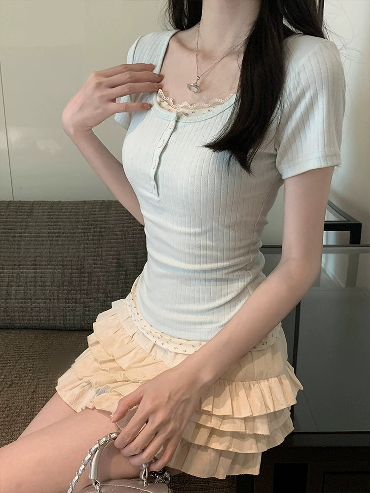 Fake Two-Piece Floral Short-Sleeve T-Shirt