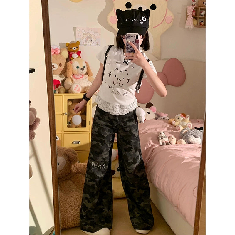 Subculture Cat-Print Lace-Hem Crop Tee