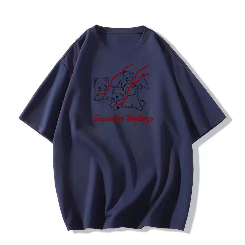 Cotton White Loose Graphic Dog T-Shirt