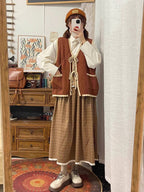 Japanese Retro Preppy Knit Cardigan Shirt Set - kawaii-inspired outfit in pastel colors - 86082591