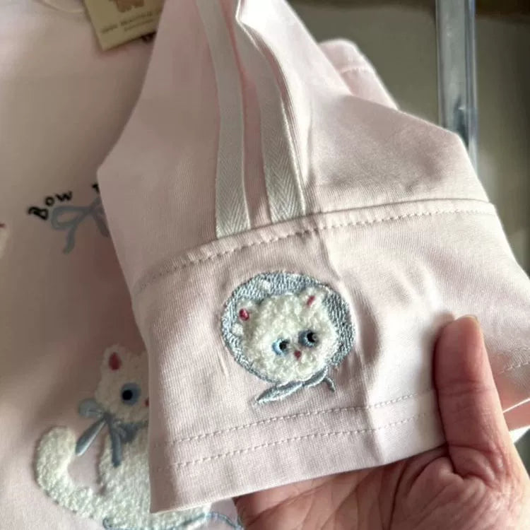 Pink Towel-Embroidered Cat Raglan Tee