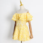 Embroidered Off-Shoulder Eyelet Mini Dress - kawaii-inspired outfit in pastel colors - 52802366