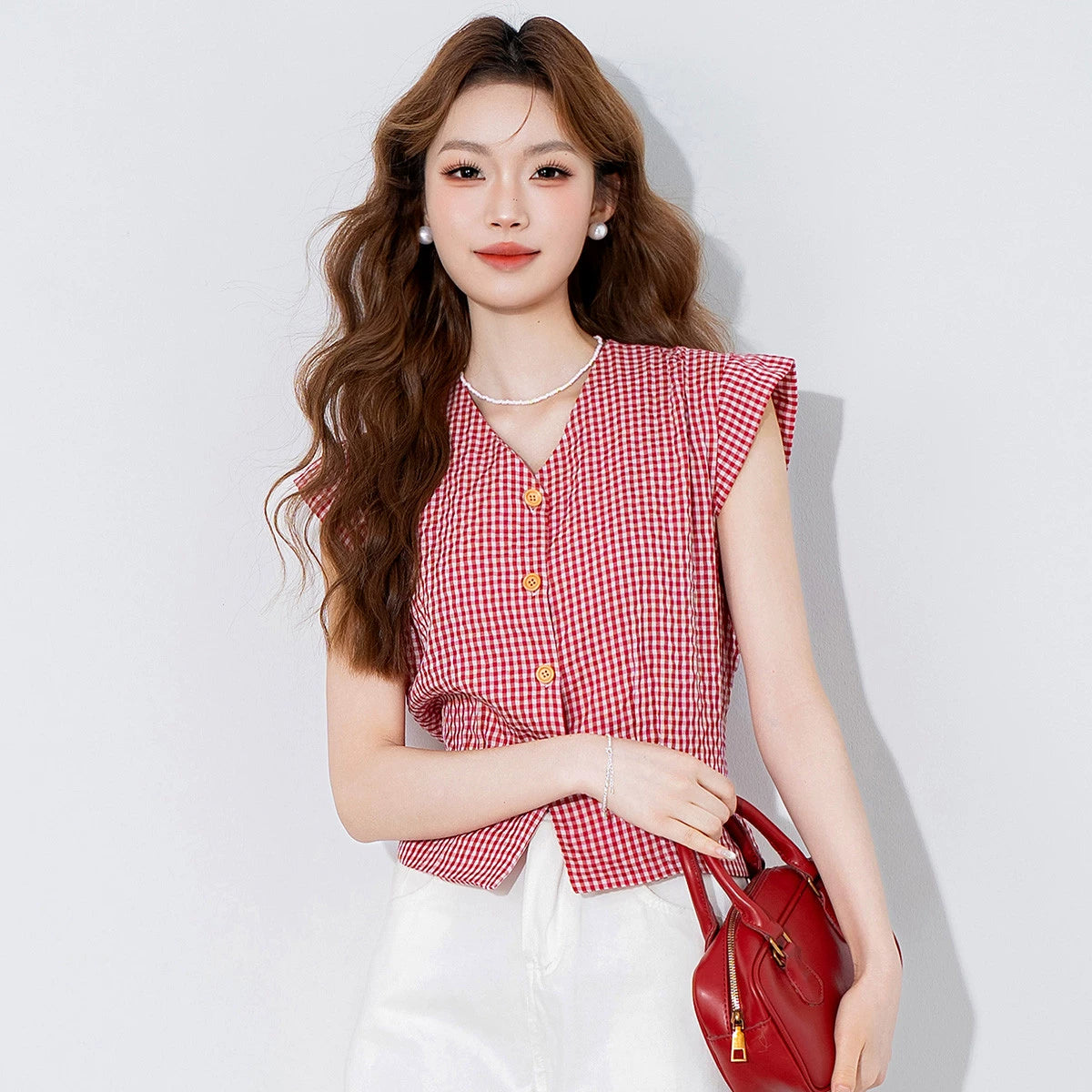 V-Neck Flying-Sleeve Gingham Blouse