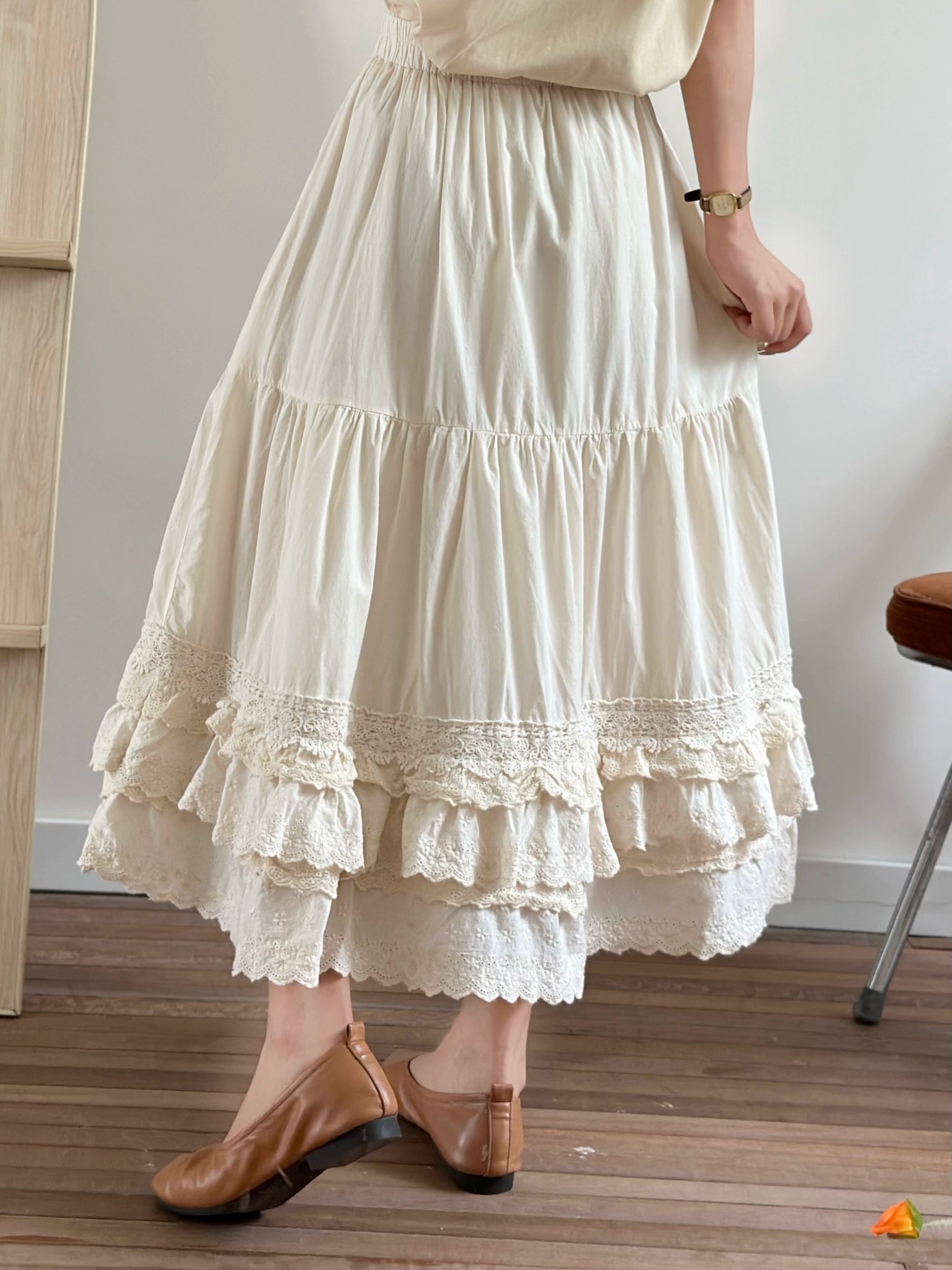 Sweet Retro Lace-Stitched Cotton Midi Skirt