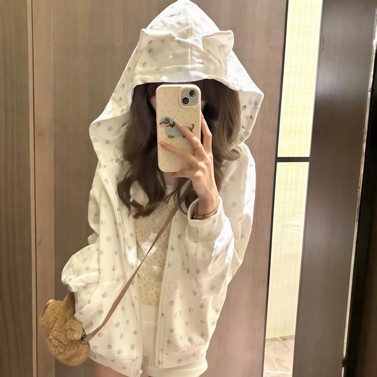 Cute Kitten-Ear Paw-Print Zip Hoodie